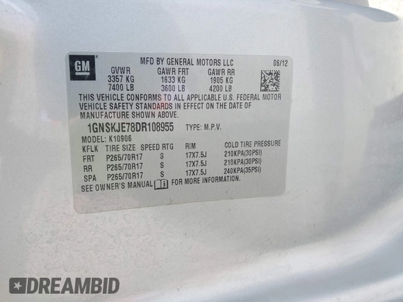 2013 Chevrolet Suburban LT with VIN 1GNSKJE78DR108955, listed as a IAAI auction lot 42004032 with 114,729 mi miles and . Bid and sale history available at DreamBid. Image 9.