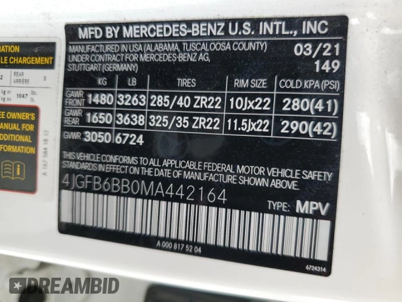 2021 Mercedes-Benz GLE 53 AMG with VIN 4JGFB6BB0MA442164, listed as a Copart auction lot 42357015 with 72,364 mi miles and Salvage title. Bid and sale history available at DreamBid. Image 14.