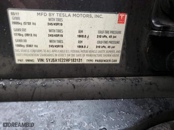 2017 Tesla Model S 100D with VIN 5YJSA1E22HF183131, listed as a Copart auction lot 42749885 with 70,825 mi miles and Salvage Title. Bid and sale history available at carsss.com. Image 15.