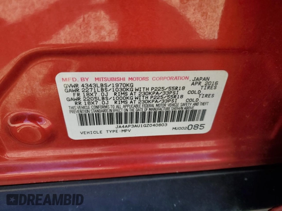2016 Mitsubishi Outlander Sport 2.0 ES with VIN JA4AP3AU1GZ040803, listed as a Copart auction lot 46180255 with 140,491 mi miles and Salvage Title. Bid and sale history available at carsss.com. Image 16.