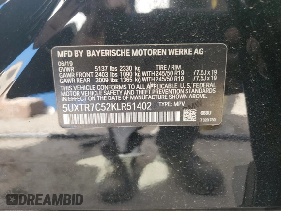 2019 BMW X3 sDrive30i with VIN 5UXTR7C52KLR51402, listed as a Copart auction lot 54653295 with 58,457 mi miles and Clean Title. Bid and sale history available at DreamBid. Image 13.