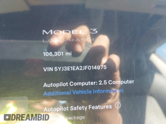 2018 Tesla Model 3 Long Range Battery with VIN 5YJ3E1EA2JF014975, listed as a IAAI auction lot 41319407 with 106,301 mi miles and . Bid and sale history available at DreamBid. Image 9.