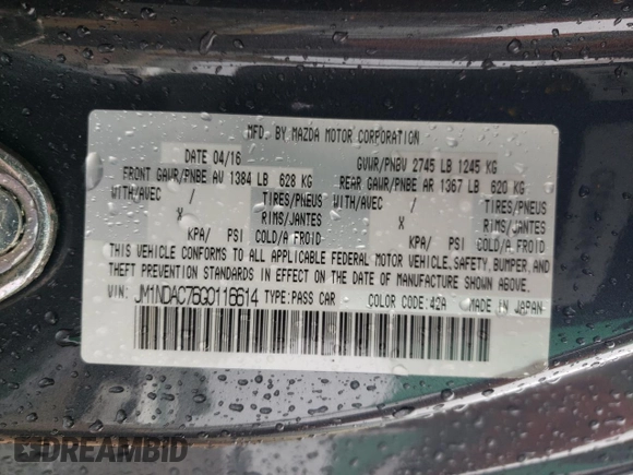 2016 Mazda MX-5 Miata Club z VIN JM1NDAC76G0116614, wystawiony jako Copart lot #56637115 z przebiegiem Nie podano mil oraz Szkoda całkowita • Salvage title. Historia ofert i sprzedaży dostępna na DreamBid. Obrazek 12.