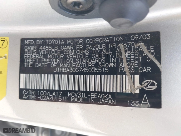 2004 Lexus ES 330 with VIN JTHBA30G745005515, listed as a IAAI auction lot 42077548 with 124,123 mi miles. Bid and sale history available at carsss.com. Image 9.