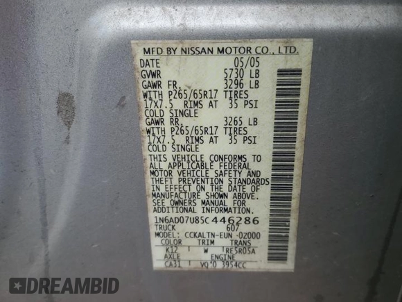 2005 Nissan Frontier LE с VIN 1N6AD07U85C446286, выставлен на аукционе Copart как лот 46277615 с пробегом 156 037 миль миль и Списание • Salvage title. История ставок и продаж доступна на DreamBid. Изображение 12.
