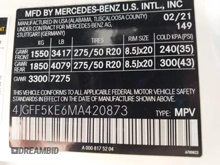 2021 Mercedes-Benz GLS with VIN 4JGFF5KE6MA420873, listed as a IAAI auction lot 41637588 with 51,709 mi miles. Bid and sale history available at carsss.com. Image 9.