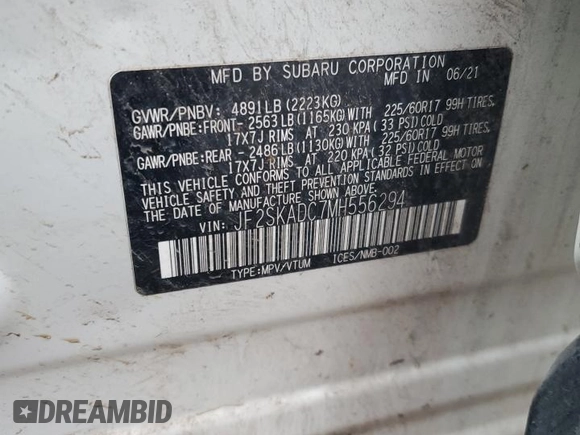 2021 Subaru Forester with VIN JF2SKADC7MH556294, listed as a Copart auction lot 62199445 with 161,911 mi miles and Clean title. Bid and sale history available at DreamBid. Image 13.