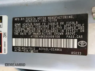 2009 Toyota Camry with VIN 4T1BE46K59U898106, listed as a Copart auction lot 55289825 with 180,356 mi miles and Salvage Title. Bid and sale history available at DreamBid. Image 12.
