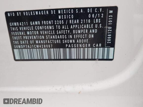 2012 Volkswagen Jetta SE z VIN 3VWDP7AJ1CM428087, wystawiony jako IAAI lot #42140247 z przebiegiem 154 454 mil mil oraz . Historia ofert i sprzedaży dostępna na DreamBid. Obrazek 9.