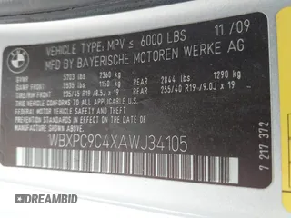 2010 BMW X3 xDrive30i with VIN WBXPC9C4XAWJ34105, listed as a IAAI auction lot 41709763 with 189,500 mi miles and . Bid and sale history available at DreamBid. Image 9.