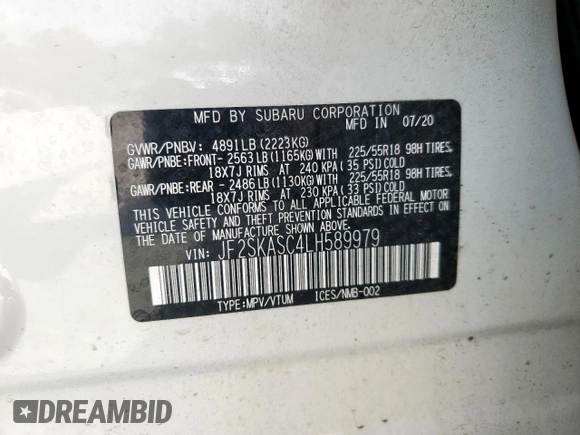 2020 Subaru Forester Limited with VIN JF2SKASC4LH589979, listed as a Copart auction lot 56675725 with 69,104 mi miles and Salvage title. Bid and sale history available at DreamBid. Image 13.