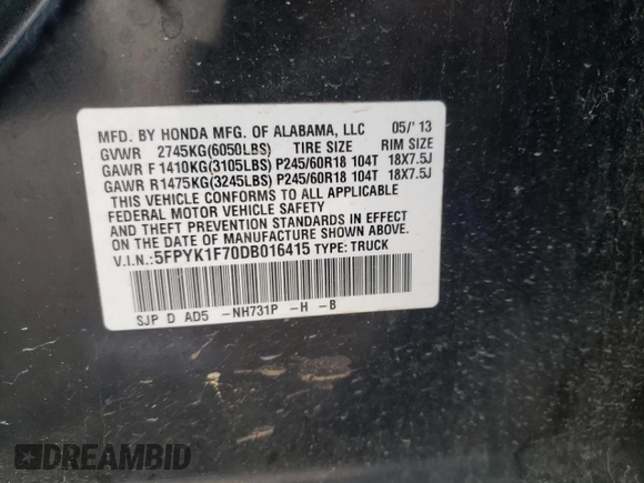 2013 Honda Ridgeline Sport with VIN 5FPYK1F70DB016415, listed as a Copart auction lot 63848734 with 76,429 mi miles and Salvage Title. Bid and sale history available at carsss.com. Image 12.