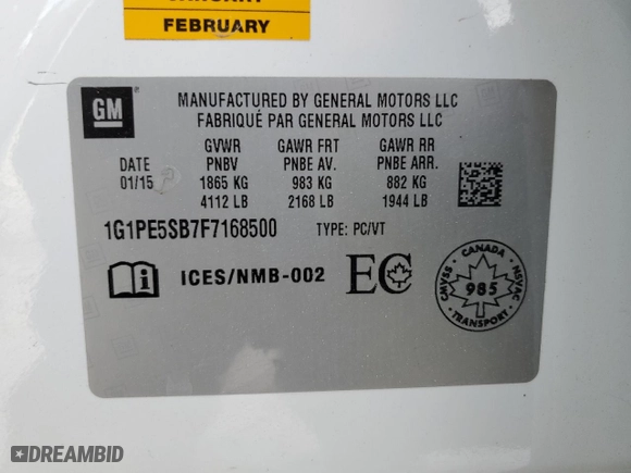 2015 Chevrolet Cruze LT with VIN 1G1PE5SB7F7168500, listed as a Copart auction lot 46306914 with 199,436 mi miles and Salvage Title. Bid and sale history available at carsss.com. Image 12.