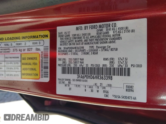2017 Ford Fusion SE with VIN 3FA6P0HD6HR363398, listed as a IAAI auction lot 42324947 with 102,113 mi miles and . Bid and sale history available at DreamBid. Image 9.