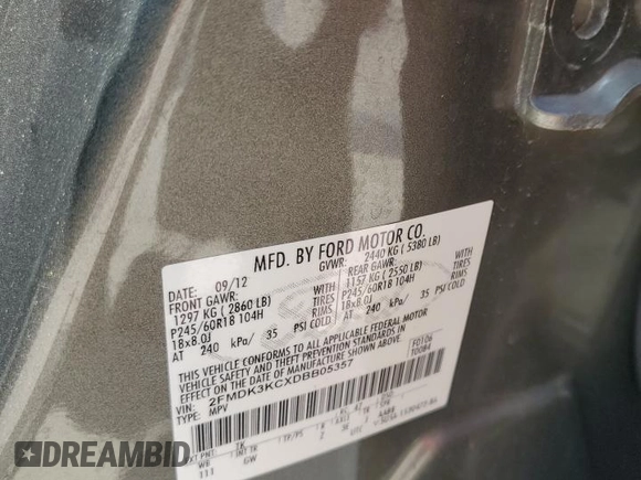 2013 Ford Edge Limited with VIN 2FMDK3KCXDBB05357, listed as a Copart auction lot 55954835 with 101,441 mi miles and Salvage title. Bid and sale history available at DreamBid. Image 13.