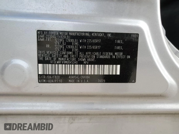 2021 Toyota RAV4 Hybrid LE with VIN 4T3LWRFVXMU045340, listed as a Copart auction lot 53053535 with 37,138 mi miles and Salvage title. Bid and sale history available at DreamBid. Image 13.