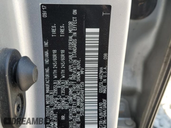 2017 Toyota Highlander LE with VIN 5TDBZRFH5HS481159, listed as a Copart auction lot 59106835 with Not provided miles and Salvage title. Bid and sale history available at DreamBid. Image 13.