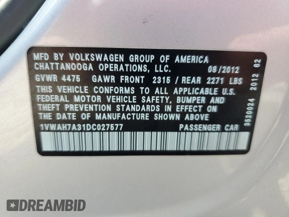 2013 Volkswagen Passat Wolfsburg Edition z VIN 1VWAH7A31DC027577, wystawiony jako Copart lot #54858125 z przebiegiem 88 685 mil mil oraz Szkoda całkowita • Salvage title. Historia ofert i sprzedaży dostępna na DreamBid. Obrazek 12.