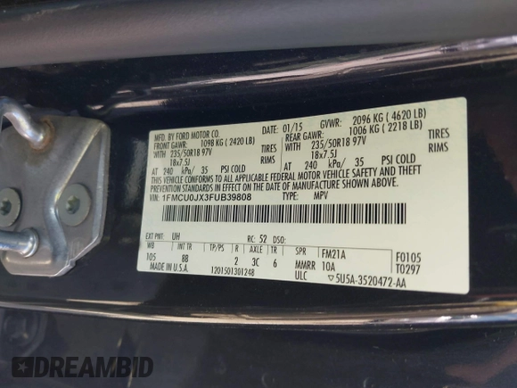 2015 Ford Escape Titanium with VIN 1FMCU0JX3FUB39808, listed as a IAAI auction lot 42212271 with 136,488 mi miles and . Bid and sale history available at DreamBid. Image 9.