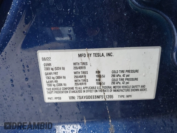 2022 Tesla Model Y Long Range with VIN 7SAYGDEE8NF511395, listed as a IAAI auction lot 41595310 with 65,156 mi miles and . Bid and sale history available at DreamBid. Image 9.