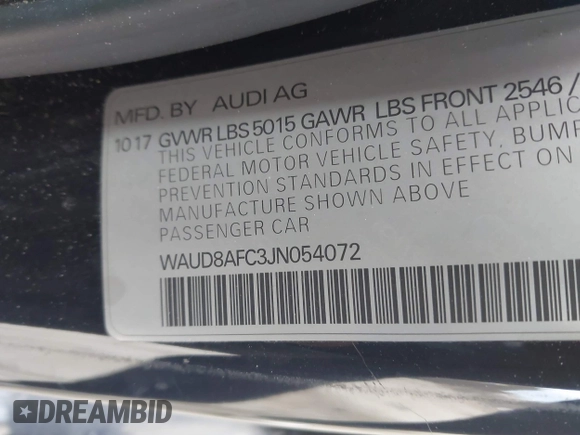 2018 Audi A6 Premium Plus with VIN WAUD8AFC3JN054072, listed as a IAAI auction lot 41442211 with 84,904 mi miles. Bid and sale history available at carsss.com. Image 9.