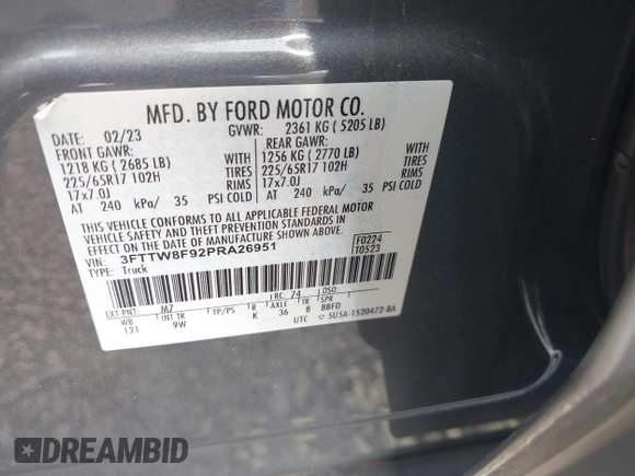 2023 Ford Maverick XL with VIN 3FTTW8F92PRA26951, listed as a IAAI auction lot 42024760 with 23,083 mi miles and . Bid and sale history available at DreamBid. Image 9.