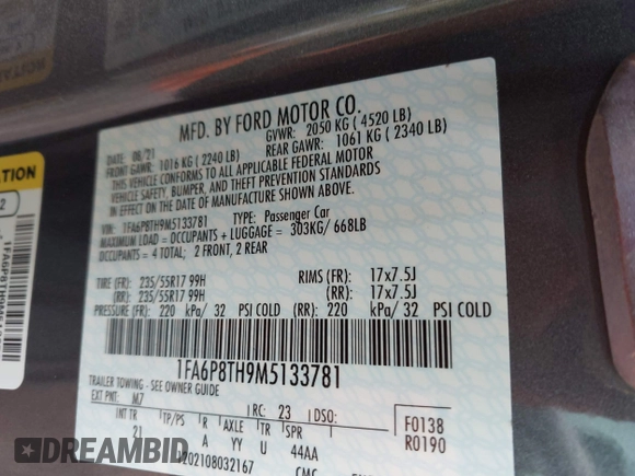 2021 Ford Mustang EcoBoost with VIN 1FA6P8TH9M5133781, listed as a IAAI auction lot 42158034 with 31,648 mi miles and . Bid and sale history available at DreamBid. Image 9.