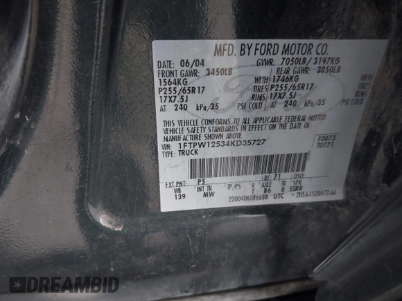2004 Ford F-150 XLT with VIN 1FTPW12534KD35727, listed as a IAAI auction lot 42607006 with Not provided miles and . Bid and sale history available at DreamBid. Image 9.
