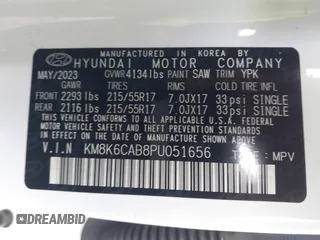 2023 Hyundai Kona SEL with VIN KM8K6CAB8PU051656, listed as a IAAI auction lot 41195251 with 8,890 mi miles. Bid and sale history available at carsss.com. Image 9.