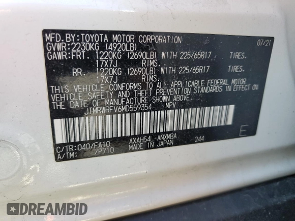2021 Toyota RAV4 Hybrid XLE with VIN JTMRWRFV6MD559354, listed as a Copart auction lot 50803455 with 56,604 mi miles and Salvage Title. Bid and sale history available at carsss.com. Image 15.