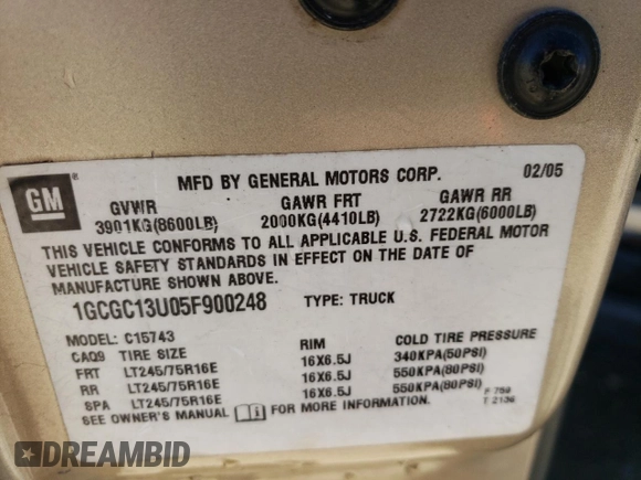 2005 Chevrolet Silverado 1500HD LT1 z VIN 1GCGC13U05F900248, wystawiony jako Copart lot #76270974 z przebiegiem 134 221 mil mil oraz Szkoda całkowita • Salvage title. Historia ofert i sprzedaży dostępna na DreamBid. Obrazek 12.