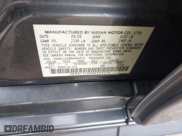 2006 Nissan Altima 2.5 with VIN 1N4AL11D96N444224, listed as a IAAI auction lot 42092071 with 168,949 mi miles. Bid and sale history available at carsss.com. Image 9.