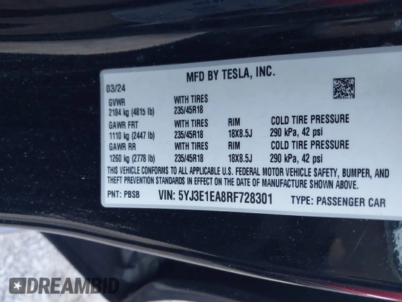 2024 Tesla Model 3 z VIN 5YJ3E1EA8RF728301, wystawiony jako IAAI lot #41865709 z przebiegiem 35 791 mil mil oraz . Historia ofert i sprzedaży dostępna na DreamBid. Obrazek 9.