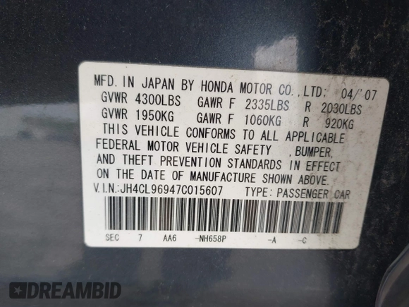 2007 Acura TSX Navi with VIN JH4CL96947C015607, listed as a IAAI auction lot 42296602 with 256,681 mi miles and . Bid and sale history available at DreamBid. Image 9.