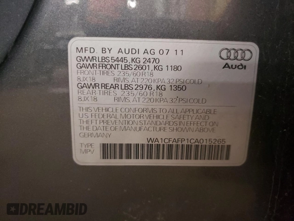 2012 Audi Q5 2.0T Premium with VIN WA1CFAFP1CA015265, listed as a Copart auction lot 42771975 with 121,081 mi miles and Salvage Title. Bid and sale history available at carsss.com. Image 14.