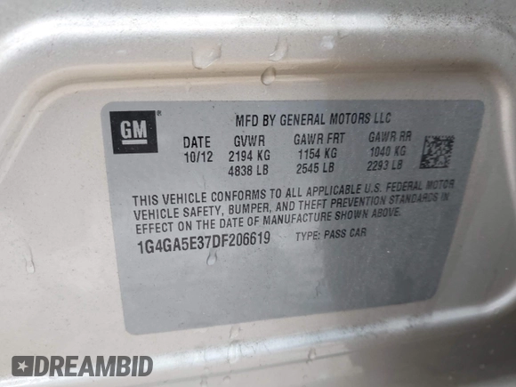 2013 Buick LaCrosse with VIN 1G4GA5E37DF206619, listed as a IAAI auction lot 42340516 with 39,179 mi miles and . Bid and sale history available at DreamBid. Image 9.