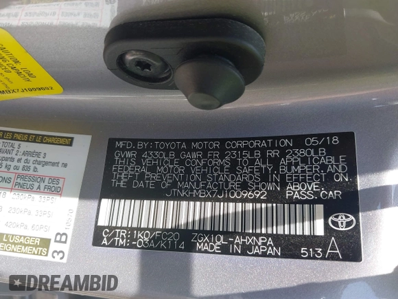 2018 Toyota C-HR XLE with VIN JTNKHMBX7J1009692, listed as a IAAI auction lot 42390685 with 77,866 mi miles and . Bid and sale history available at DreamBid. Image 9.