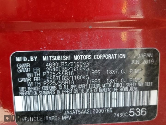 2020 Mitsubishi Eclipse Cross SE with VIN JA4AT5AA2LZ000785, listed as a Copart auction lot 72656304 with 42,703 mi miles and Salvage title. Bid and sale history available at DreamBid. Image 12.