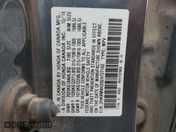 2014 Honda CR-V LX with VIN 2HKRM4H35EH727162, listed as a Copart auction lot 52741765 with 161,641 mi miles and Salvage Title. Bid and sale history available at carsss.com. Image 13.