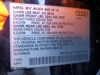 2019 Audi Q7 Premium with VIN WA1AAAF75KD011495, listed as a Copart auction lot 49677355 with 46,460 mi miles and Salvage title. Bid and sale history available at DreamBid. Image 13.