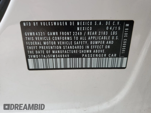 2015 Volkswagen Jetta SE с VIN 3VWD17AJ5FM346949, выставлен на аукционе Copart как лот 62875705 с пробегом 72 817 миль миль и Списание • Salvage title. История ставок и продаж доступна на DreamBid. Изображение 12.