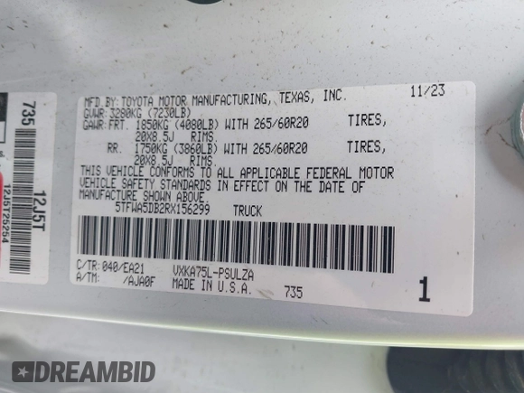2024 Toyota Tundra Limited z VIN 5TFWA5DB2RX156299, wystawiony jako IAAI lot #42425471 z przebiegiem 41 874 mil mil oraz . Historia ofert i sprzedaży dostępna na DreamBid. Obrazek 9.