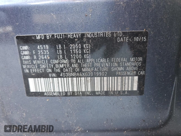 2016 Subaru Legacy 2.5i with VIN 4S3BNBA6XG3019902, listed as a Copart auction lot 77393064 with 91,712 mi miles and Salvage title. Bid and sale history available at DreamBid. Image 12.
