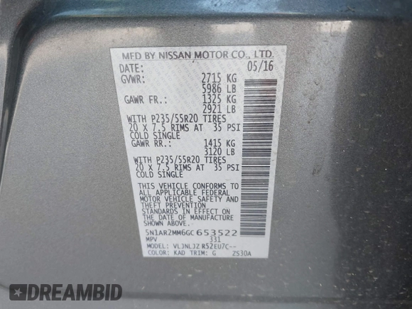 2016 Nissan Pathfinder S with VIN 5N1AR2MM6GC653522, listed as a IAAI auction lot 41920988 with 140,001 mi miles and . Bid and sale history available at DreamBid. Image 9.