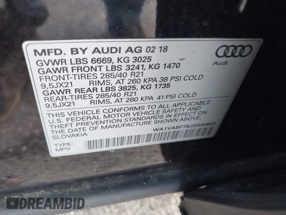 2018 Audi Q7 Prestige with VIN WA1VABF78JD030600, listed as a IAAI auction lot 41810589 with 88,182 mi miles and . Bid and sale history available at DreamBid. Image 9.