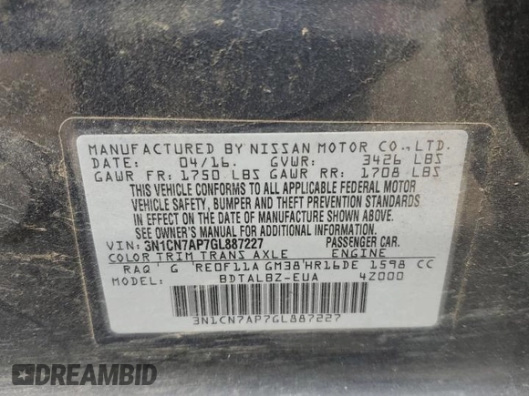 2016 Nissan Versa S Plus with VIN 3N1CN7AP7GL887227, listed as a Copart auction lot 53118615 with 113,121 mi miles and Salvage Title. Bid and sale history available at carsss.com. Image 13.