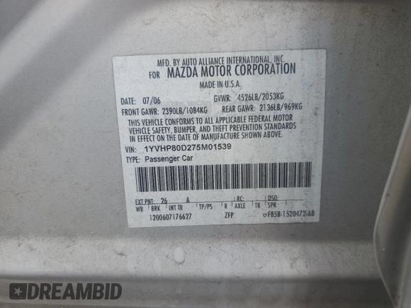2007 Mazda 6 S Sport VE with VIN 1YVHP80D275M01539, listed as a Copart auction lot 55328595 with 160,233 mi miles and Salvage Title. Bid and sale history available at DreamBid. Image 12.