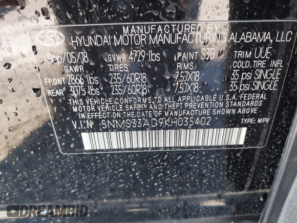 2019 Hyundai Santa Fe SEL Plus z VIN 5NMS33AD9KH035402, wystawiony jako IAAI lot #42162086 z przebiegiem 108 827 mil mil oraz . Historia ofert i sprzedaży dostępna na DreamBid. Obrazek 9.