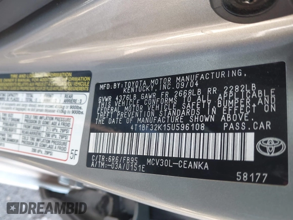 2005 Toyota Camry LE with VIN 4T1BF32K15U596108, listed as a IAAI auction lot 41768307 with Not Provided miles and . Bid and sale history available at DreamBid. Image 9.