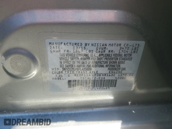 2015 Nissan Note S with VIN 3N1CE2CP6FL425689, listed as a Copart auction lot 52307185 with 105,536 mi miles and Salvage Title. Bid and sale history available at DreamBid. Image 12.